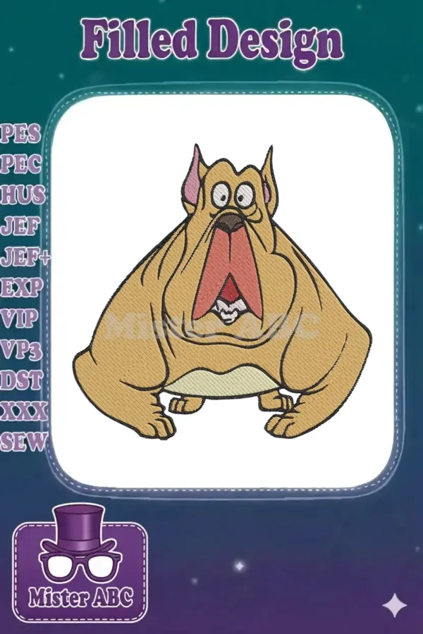 A detailed embroidery design of a surprised, wide-eyed cartoon bulldog with a long, open mouth, in tan and pink.