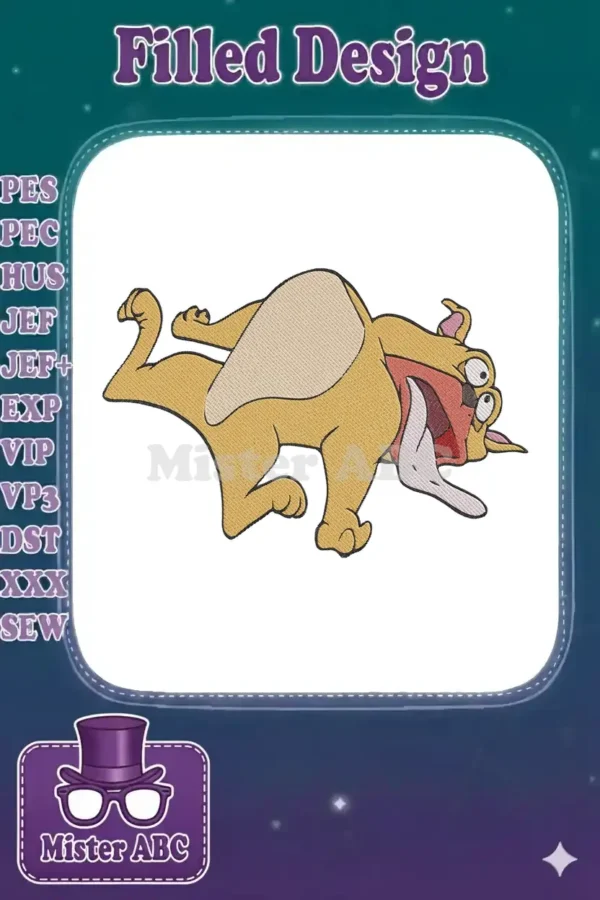Vibrant embroidery design featuring a comical light brown cartoon dog, lying splayed with its tongue out and wide eyes.