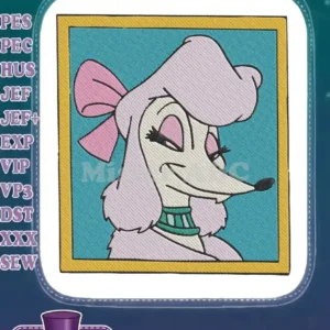 A charming embroidery design featuring Georgette the poodle from Oliver & Company, framed in yellow.