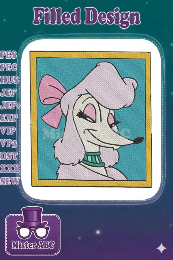 A charming embroidery design featuring Georgette the poodle from Oliver & Company, framed in yellow.