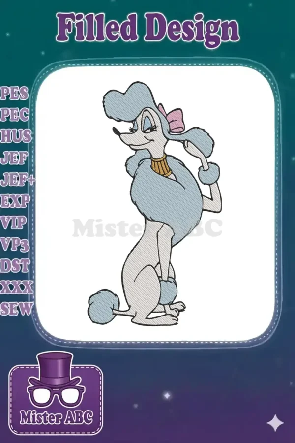 Elegant Georgette poodle digital embroidery design, featuring sophisticated blue fur, a pink bow, and golden collar.