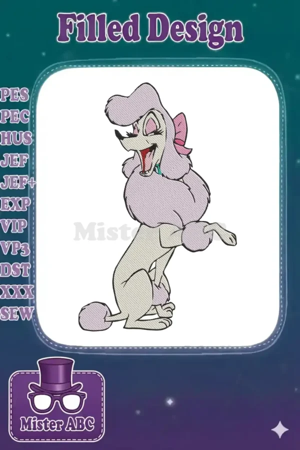 A vibrant embroidery design of Georgette, the elegant pink poodle from Disney's Oliver & Company, posing gracefully.