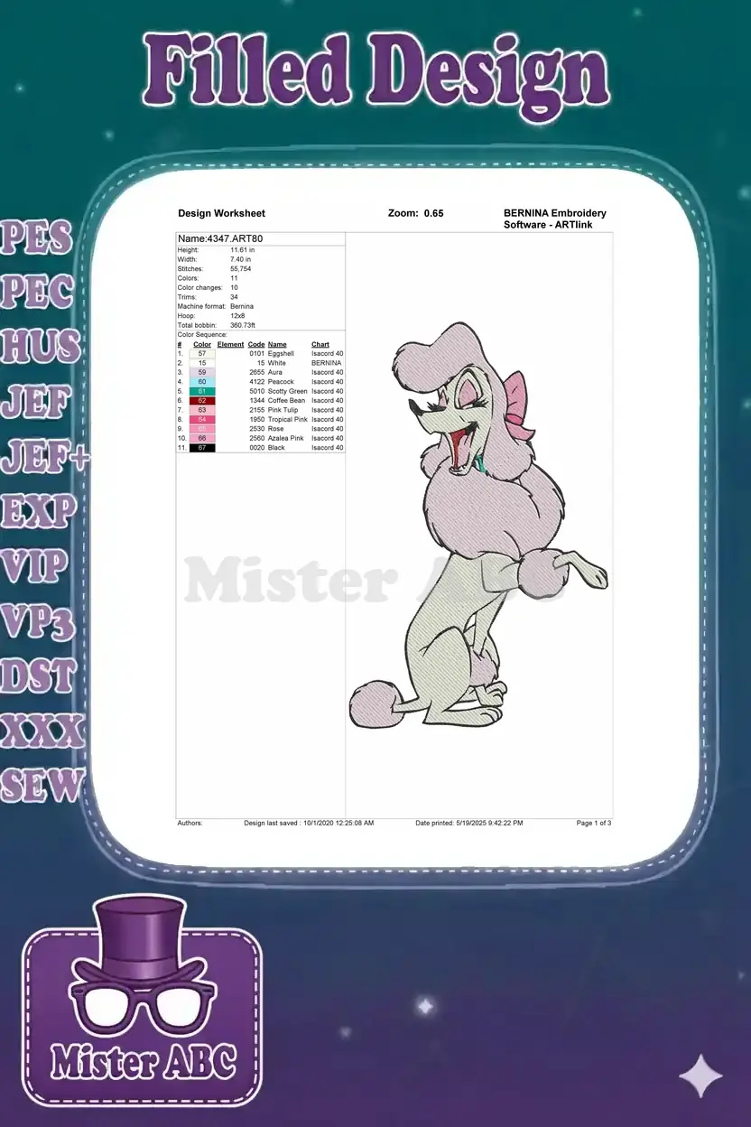 A detailed embroidery design worksheet showing Georgette, thread color sequence, dimensions, and stitch count.