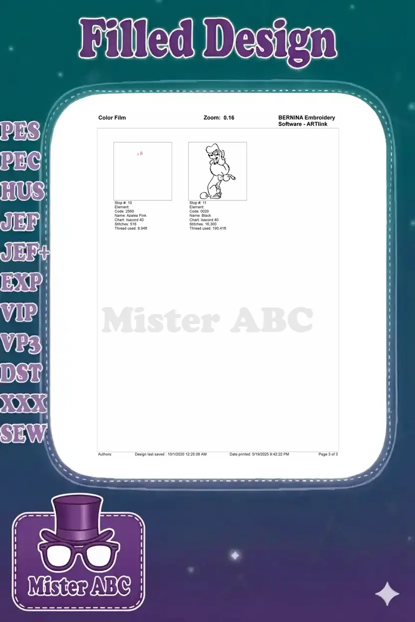 Second page of the color film, detailing the final five color stops with stitch counts and thread usage.