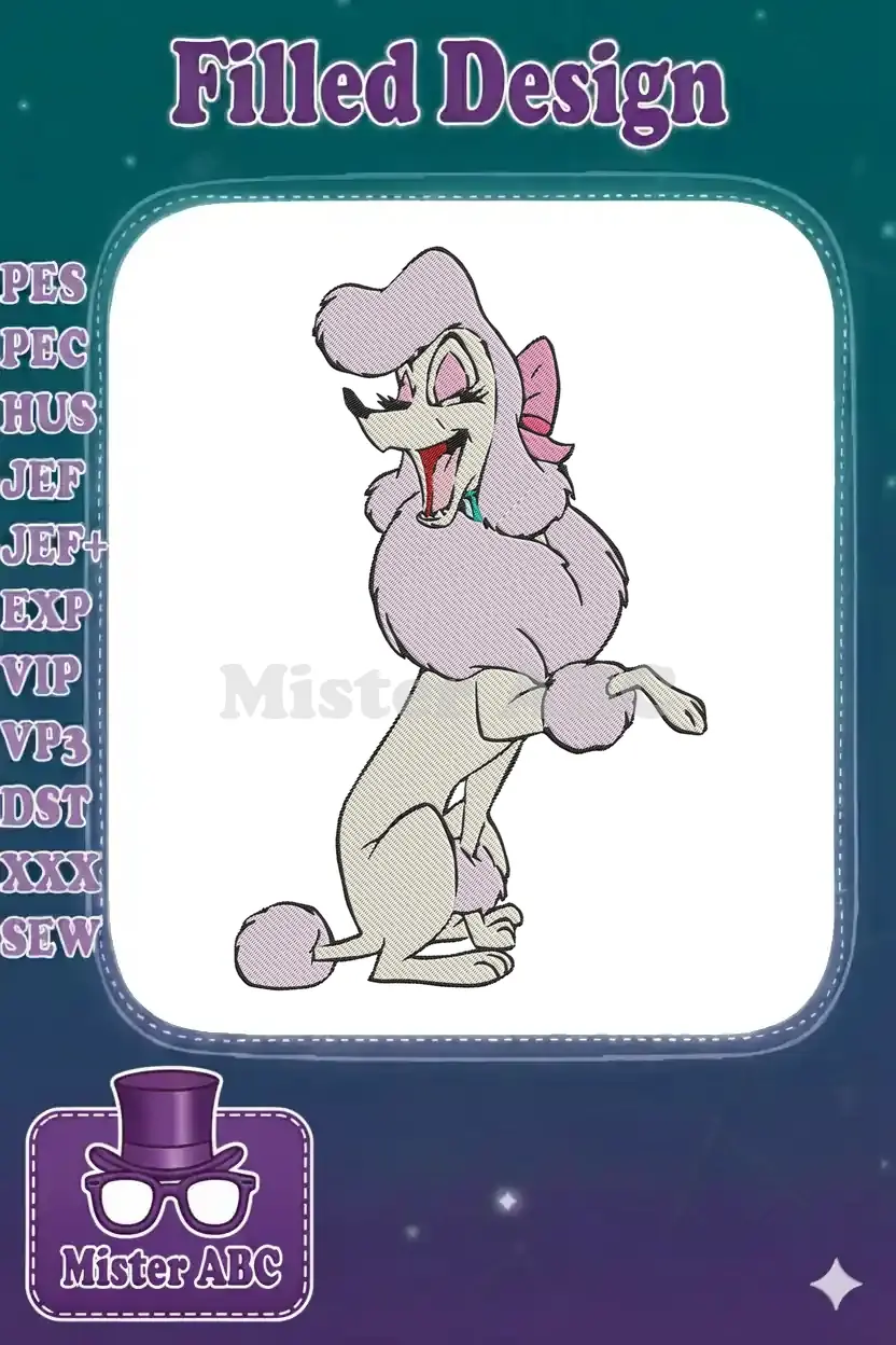 A vibrant embroidery design of Georgette, the elegant pink poodle from Disney's Oliver & Company, posing gracefully.