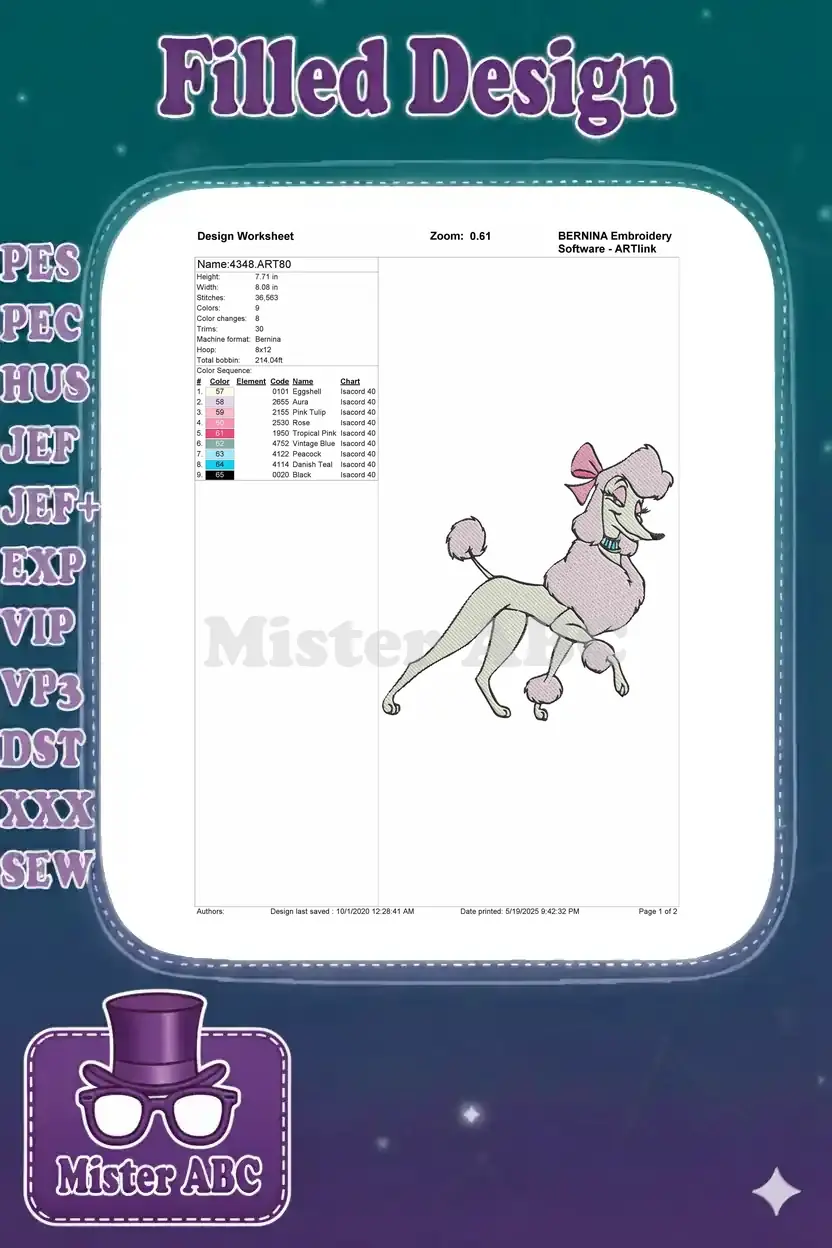 An embroidery design worksheet detailing the poodle design's dimensions, stitch count, color sequence, and thread types.