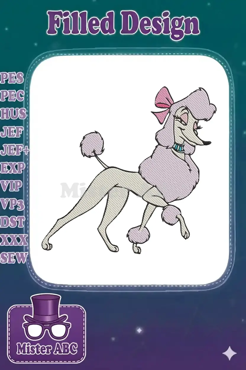 A stunning embroidery design of an elegant lavender poodle with a pink bow and turquoise collar, walking gracefully.