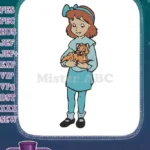 Sweet animated girl holding a playful orange kitten embroidery designs - Instant Download