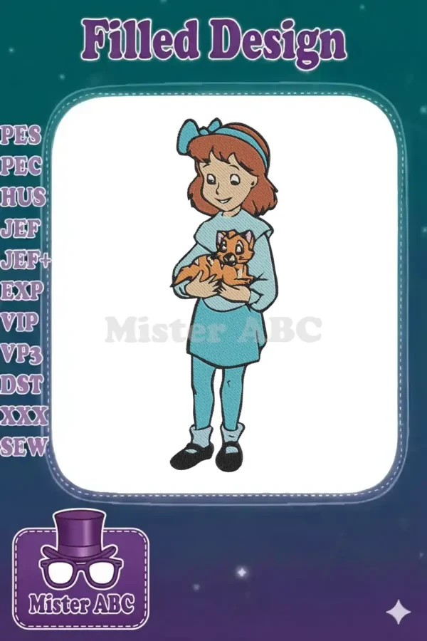 Full-body embroidery of a cartoon girl with brown hair in a blue outfit, cradling a small orange cat.