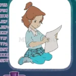 Cute cartoon girl reading document embroidery designs - Instant Download