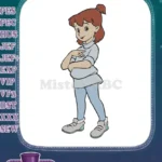 Sweet animated girl with brown ponytail and blue outfit embroidery designs - Instant Download