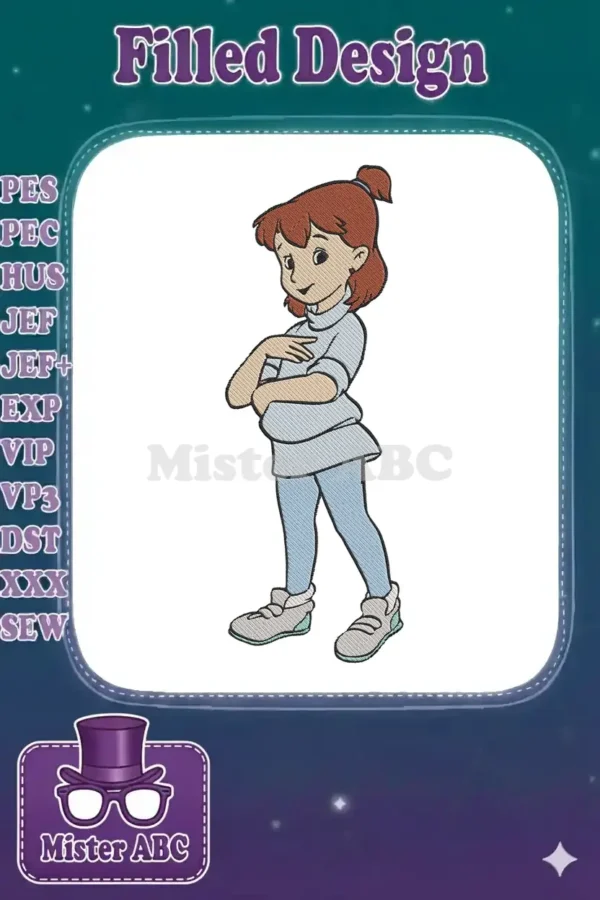 Full-body embroidery design of Penny from Disney's The Rescuers, with arms crossed, in light blue top and leggings.