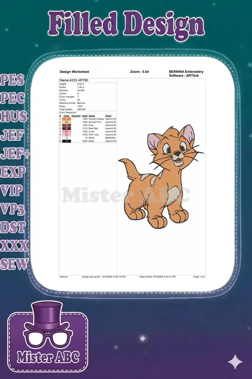 Embroidery design worksheet for Oliver the Kitten, showing dimensions, stitch count, and thread color chart.