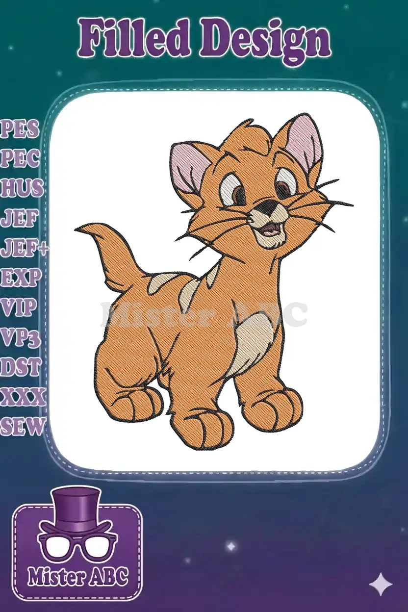 Close-up embroidery design of Oliver the Kitten, a cute orange cat with big eyes and a happy expression.