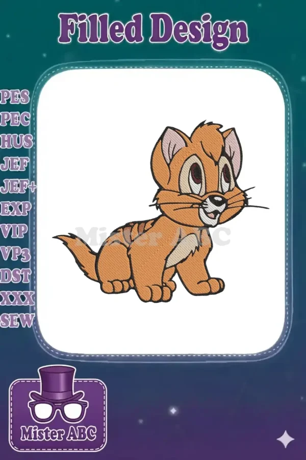 Close-up of a charming embroidered orange kitten, Oliver, with detailed fur textures and expressive eyes.