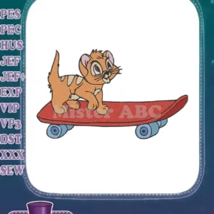 Oliver the kitten, an adorable cartoon cat, confidently riding a red skateboard, captured in a detailed embroidery design.