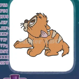 A vibrant embroidery design of a playful lion cub, possibly Simba, roaring with intricate fill and satin stitches.