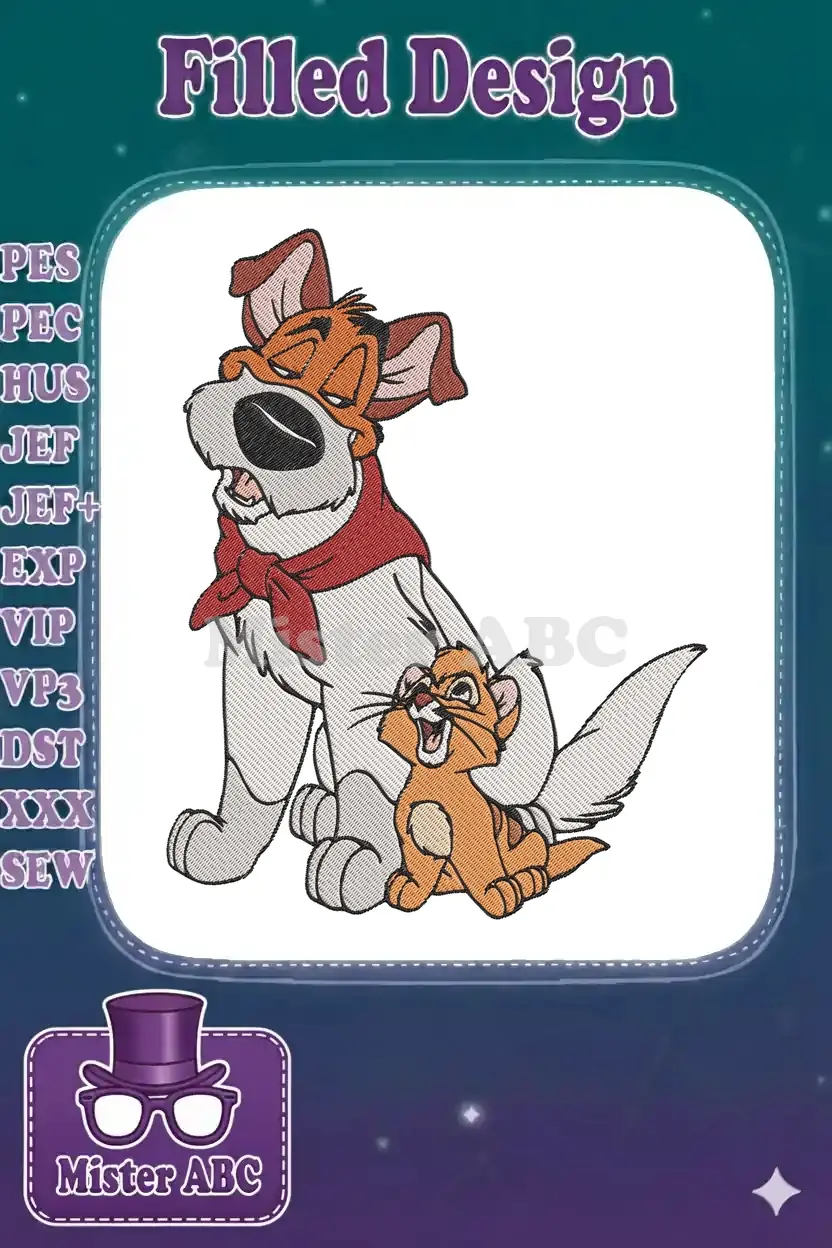 Embroidery design of Dodger the dog and Oliver the cat from Disney's Oliver & Company, showcasing friendship.