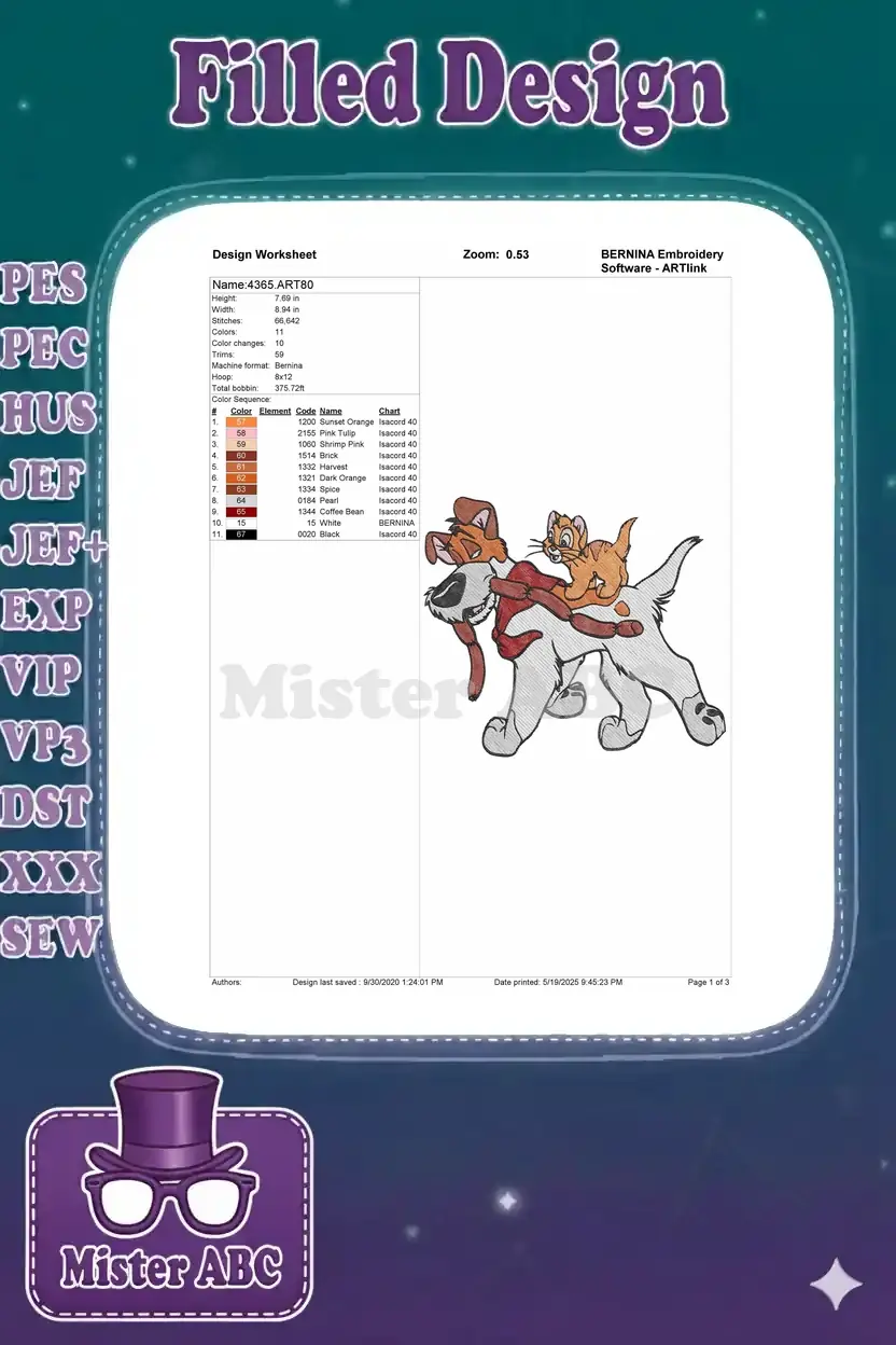 Embroidery design worksheet for Dodger and Oliver, detailing dimensions, stitch count, and color sequence.