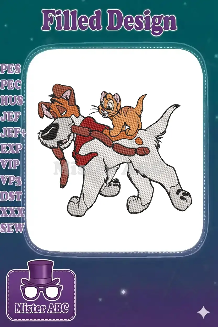 Dodger the dog carrying Oliver the cat, a heartwarming Disney 'Oliver & Company' embroidery design.