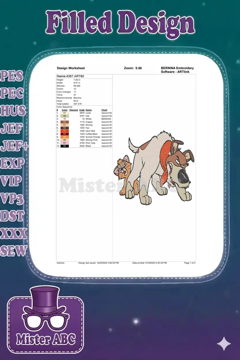 Embroidery design worksheet for Dodger and Oliver, showing dimensions, stitch count, and thread color chart.