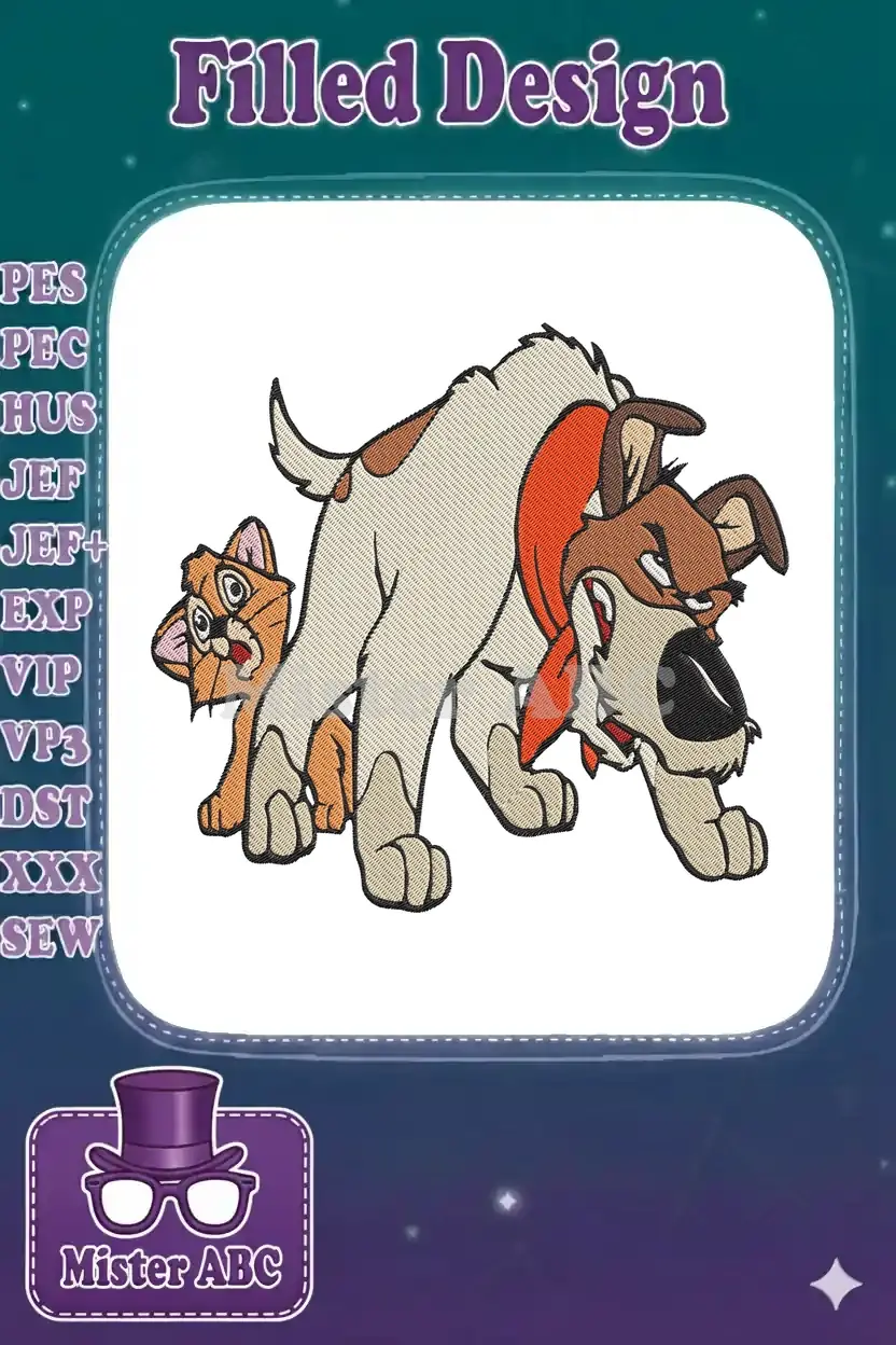 Embroidery design of Dodger the dog lunging, with Oliver the cat peeking from behind, from Disney's Oliver & Company.