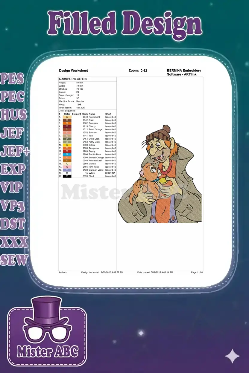 Detailed embroidery worksheet for the Fagin and Oliver design, showing dimensions, stitch count, and color chart.