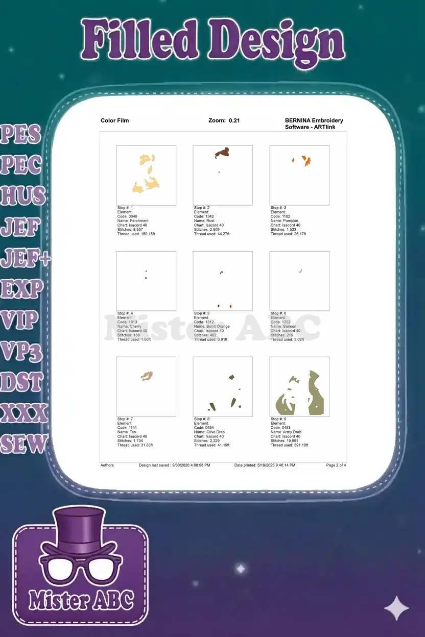 First segment of the color film for the Fagin and Oliver embroidery, detailing initial thread changes and stitch areas.