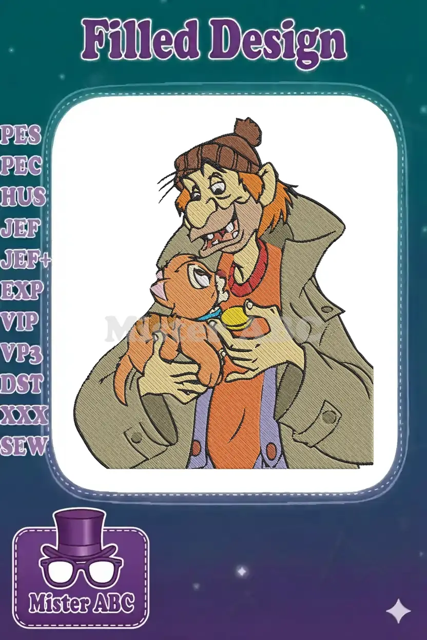 Fagin, the kind-hearted leader, tenderly holding the adorable kitten Oliver in a vibrant, detailed embroidery design.