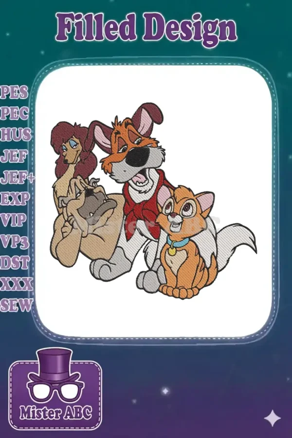A vibrant machine embroidery design featuring Disney's Oliver, Dodger, and Georgette, ready for your next project.