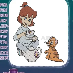 Jenny from Oliver & Company having a tea party with Oliver the cat, a delightful embroidery design.