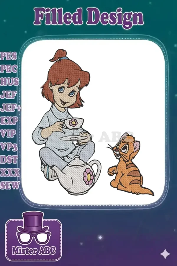 Jenny from Oliver & Company having a tea party with Oliver the cat, a delightful embroidery design.