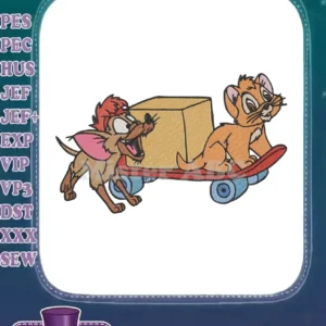 Vibrant embroidery of two cartoon mice, one pulling a box on a skateboard with another mouse riding it, on a white background.