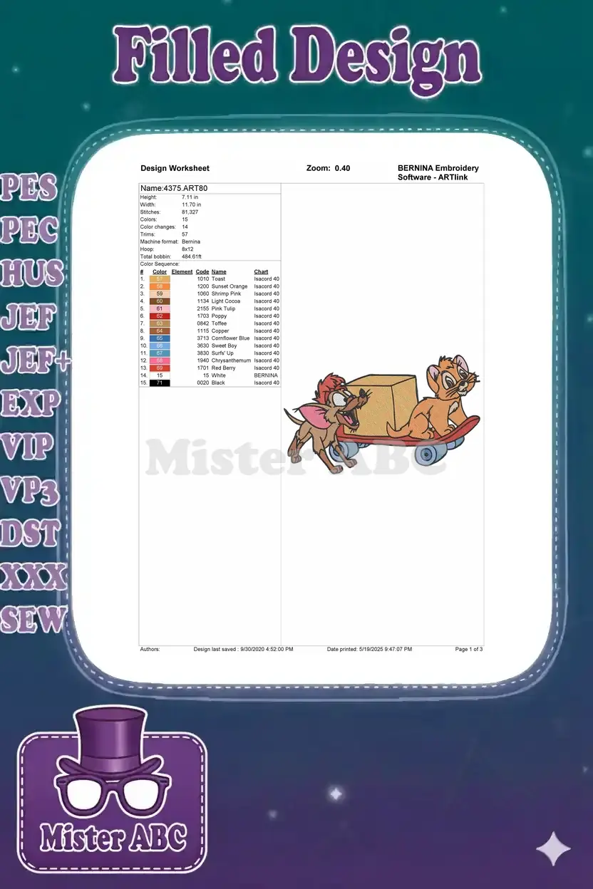 Embroidery design worksheet showing stitch details, color sequence, thread codes, and a small preview of the mice design.