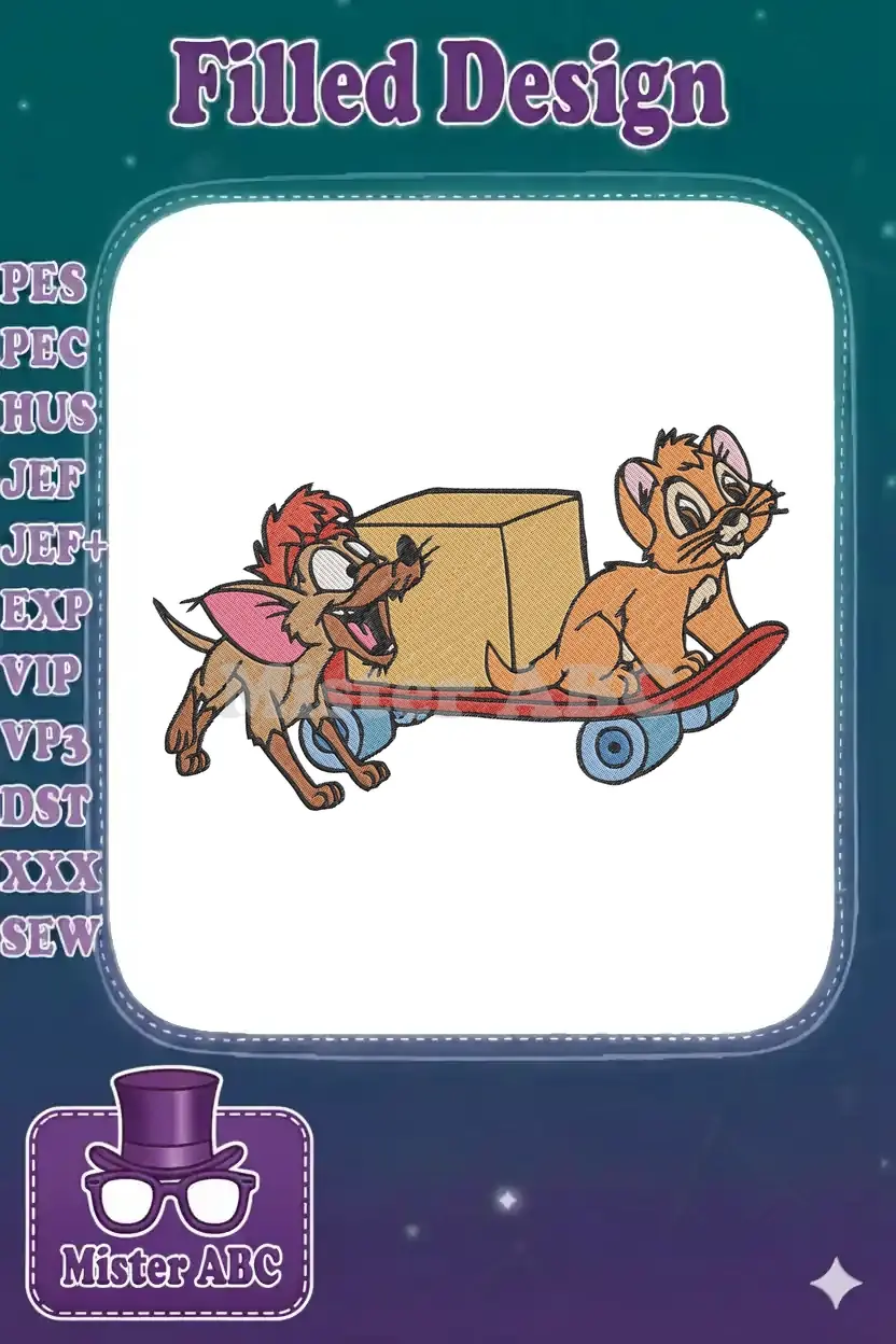 Vibrant embroidery of two cartoon mice, one pulling a box on a skateboard with another mouse riding it, on a white background.