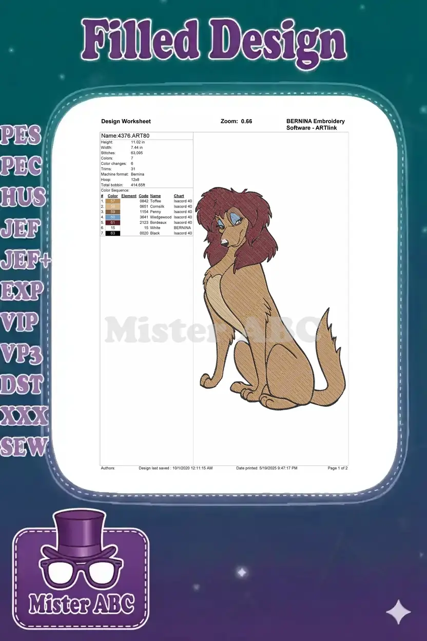 Embroidery design worksheet for Sasha La Fleur, showing dimensions, stitch count, colors, and a thread chart.