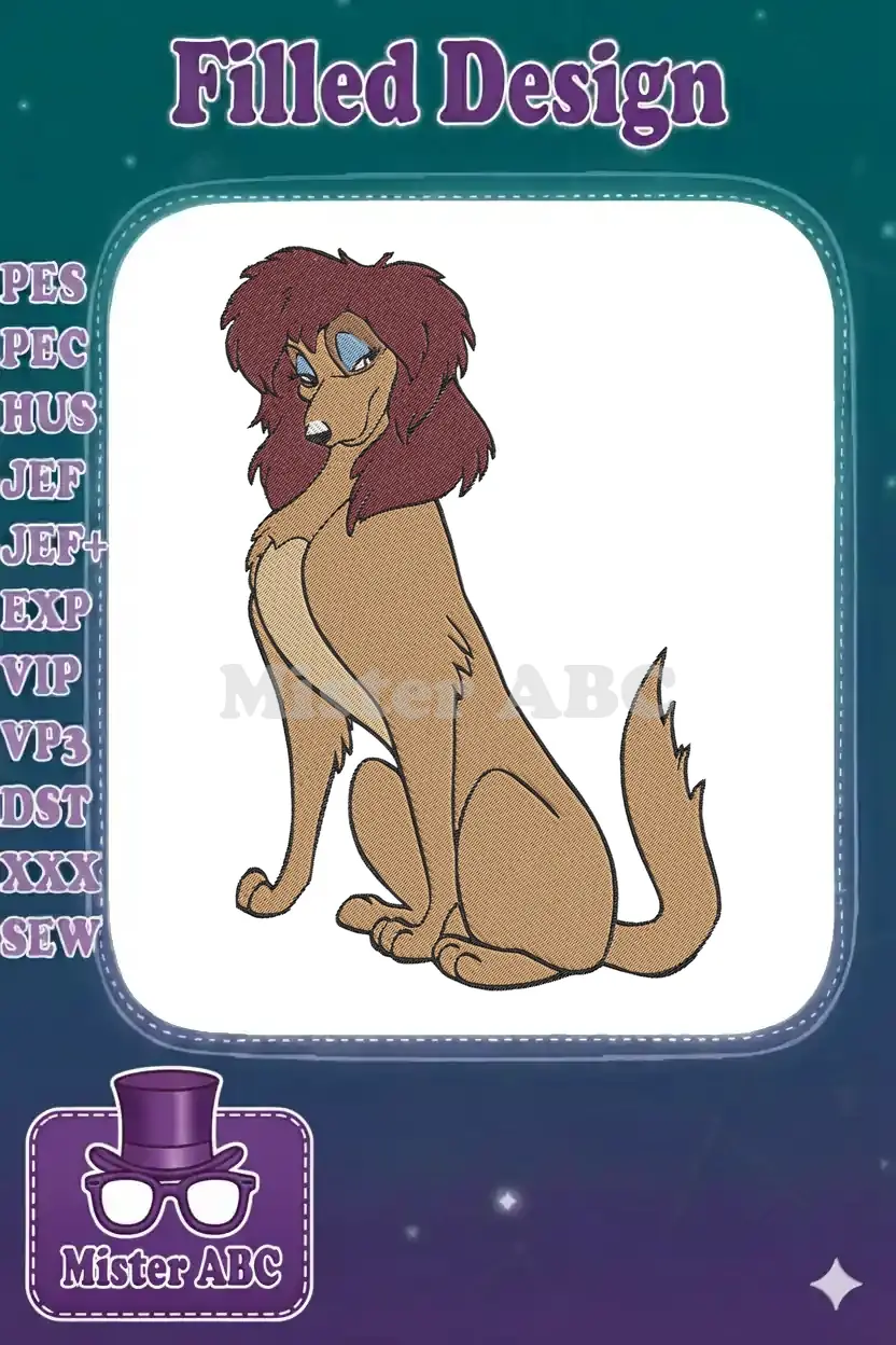 Sasha La Fleur embroidery design, a graceful brown dog with reddish-brown hair and blue eyeshadow, sitting elegantly.