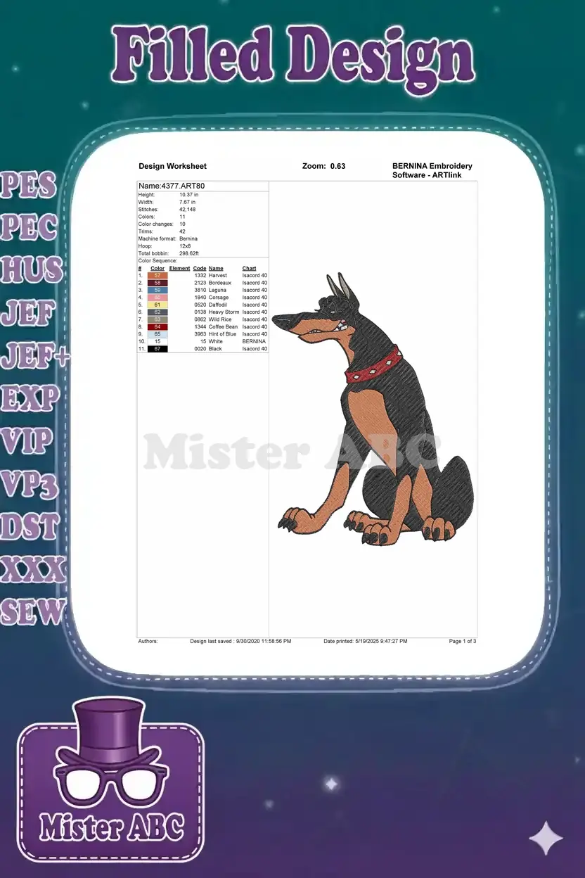 Embroidery design worksheet for Doberman, showing dimensions, stitch count, color chart, and thread details.