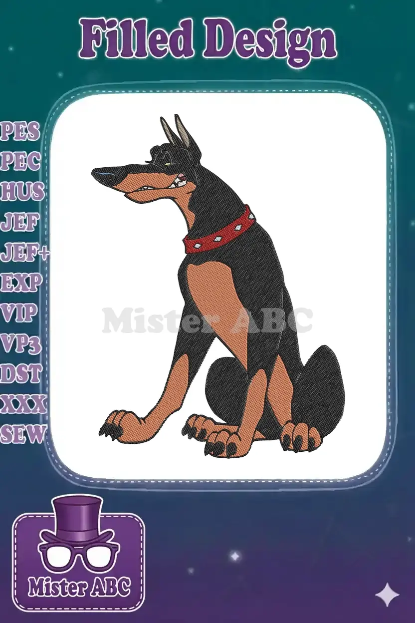 Cartoon Doberman embroidery design, sitting with a red spiked collar, showcasing detailed satin and fill stitches.