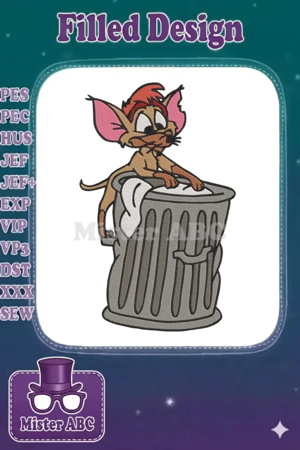 High-quality embroidery of Fievel Mousekewitz popping out of a trash can, showcasing intricate details and colors.