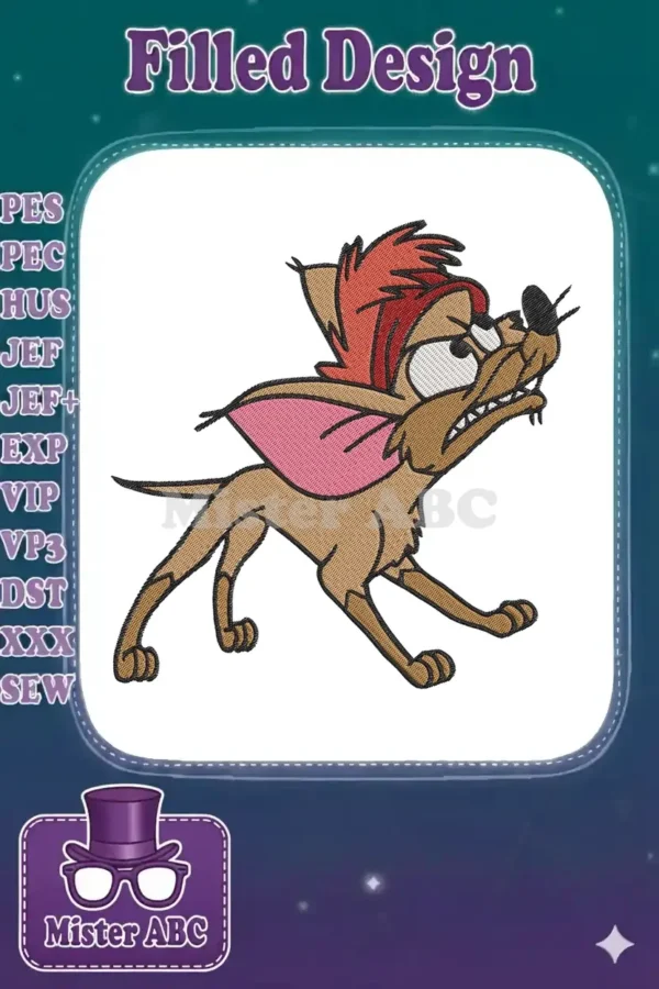 Digital embroidery design of Banzai, the disgruntled hyena from The Lion King, with red mane and expressive face.