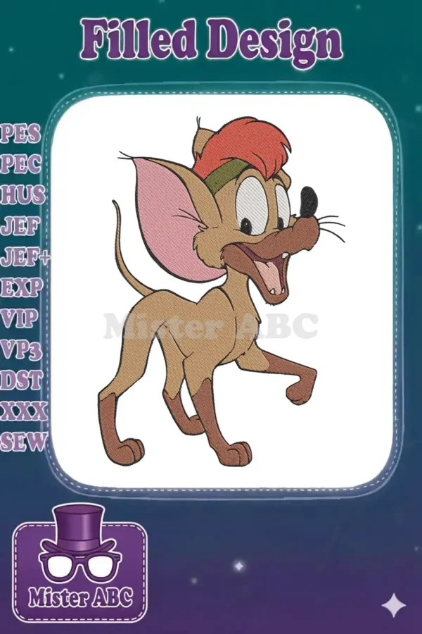 A lively, detailed embroidery design of Fievel Mousekewitz from An American Tail, featuring his iconic red hat.