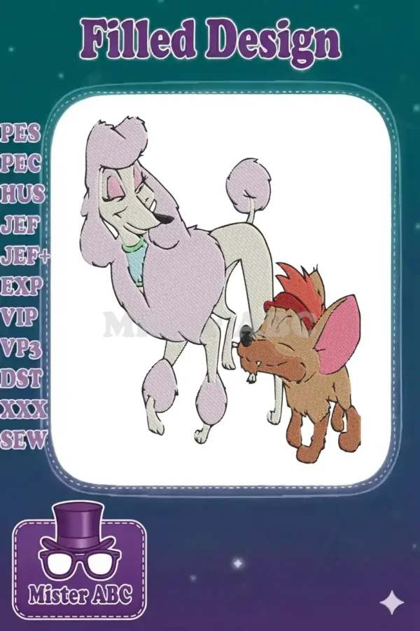 Vibrant embroidery design featuring Georgette the elegant poodle and the mischievous Tito from Oliver & Company.