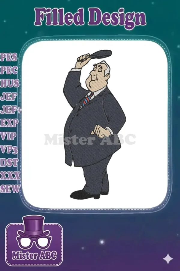 Detailed embroidery design of Mr. Magoo, a classic cartoon character, tipping his hat in a dark suit and tie.
