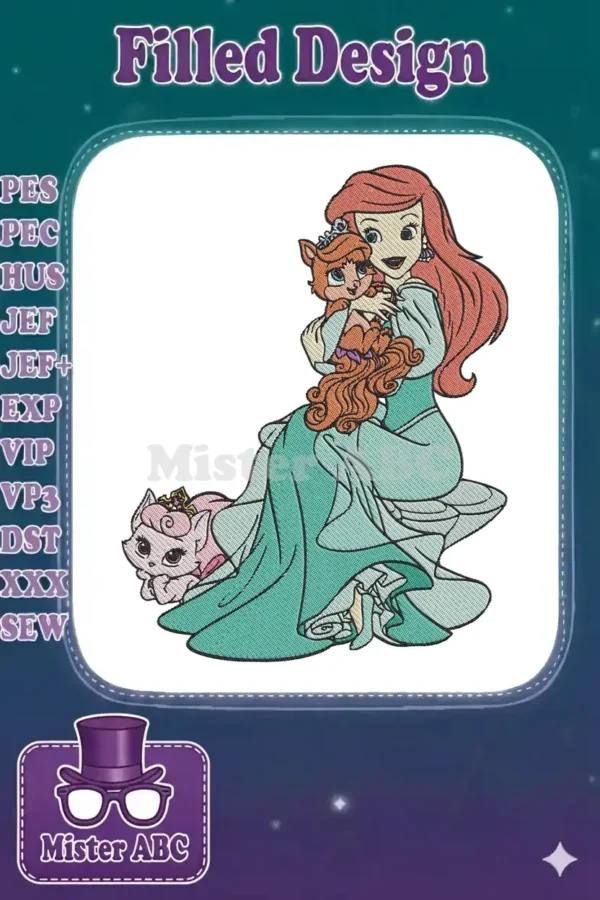 Detailed embroidery of Princess Ariel in a teal dress, holding a crowned brown cat, with a pink crowned cat nearby.