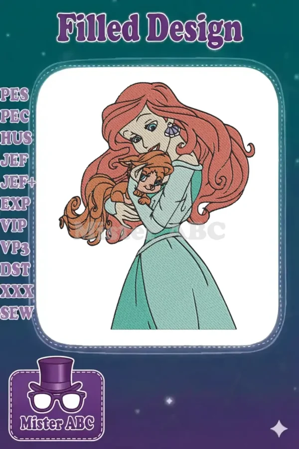 Ariel from Disney's Little Mermaid, with flowing red hair and a teal dress, gently holding a fox.