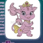 Cute Pink Baby Dragon Princess with Golden Crown Embroidery Designs - Instant Download