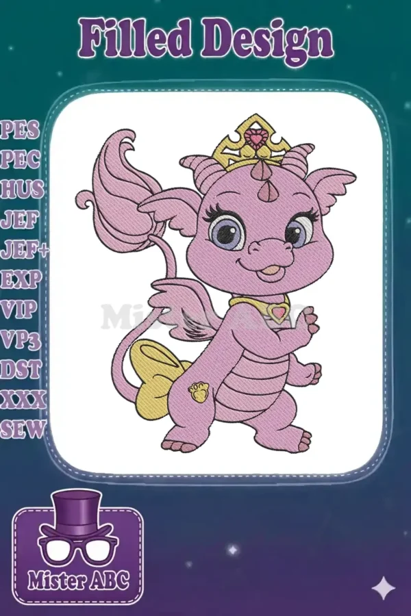 Close-up of an adorable pink baby dragon princess embroidery design, featuring a golden crown and sparkling eyes.