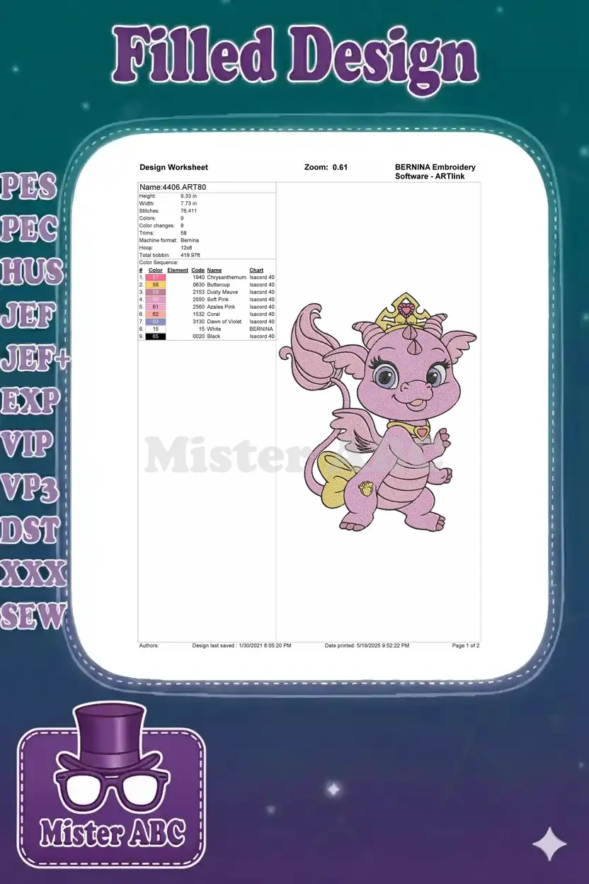 Embroidery design worksheet for a baby dragon princess, detailing stitch counts, dimensions, and color sequence.