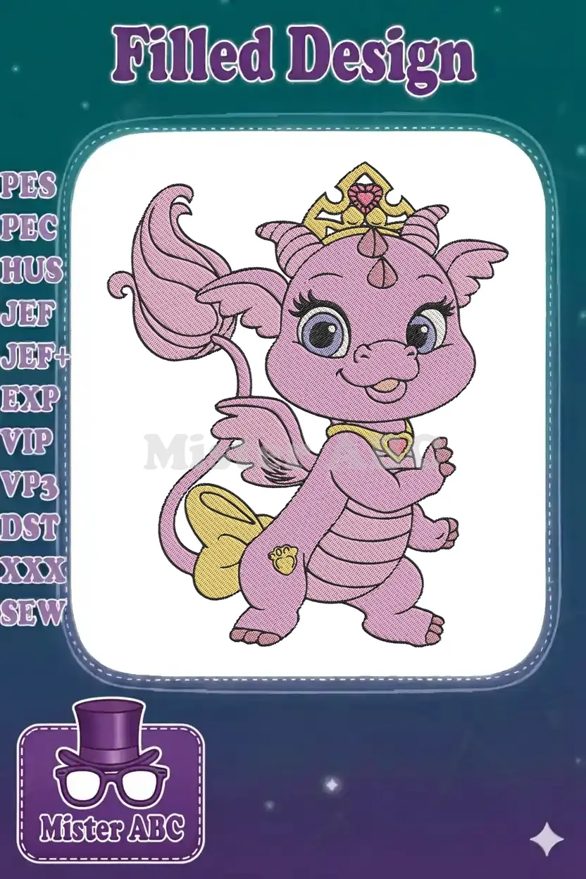 Close-up of an adorable pink baby dragon princess embroidery design, featuring a golden crown and sparkling eyes.